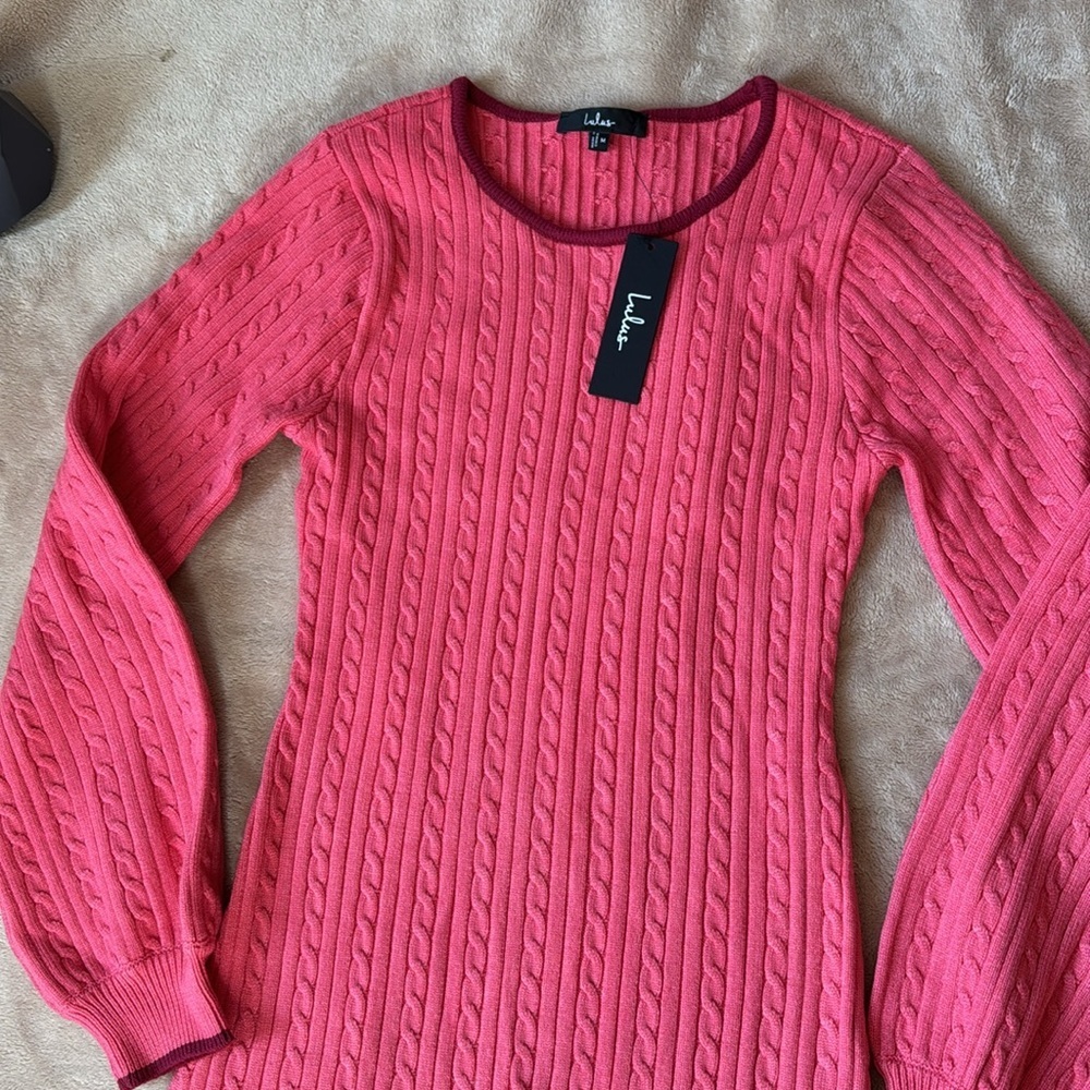 NWT Lulus Coziest Poise Pink Cable Knit Long Sleeve Sweater Mini Dress size M - Picture 7 of 15